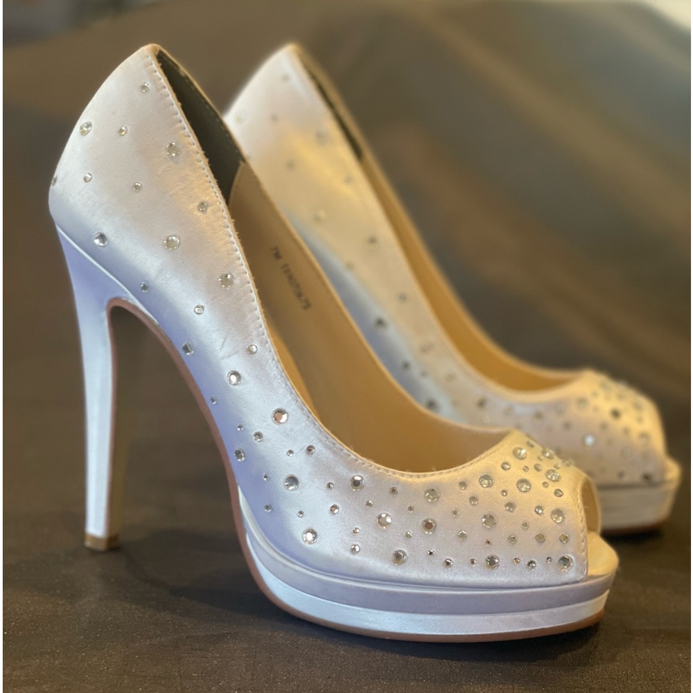 Size 7 White satin, rhinestone embellished, open toe platform heels